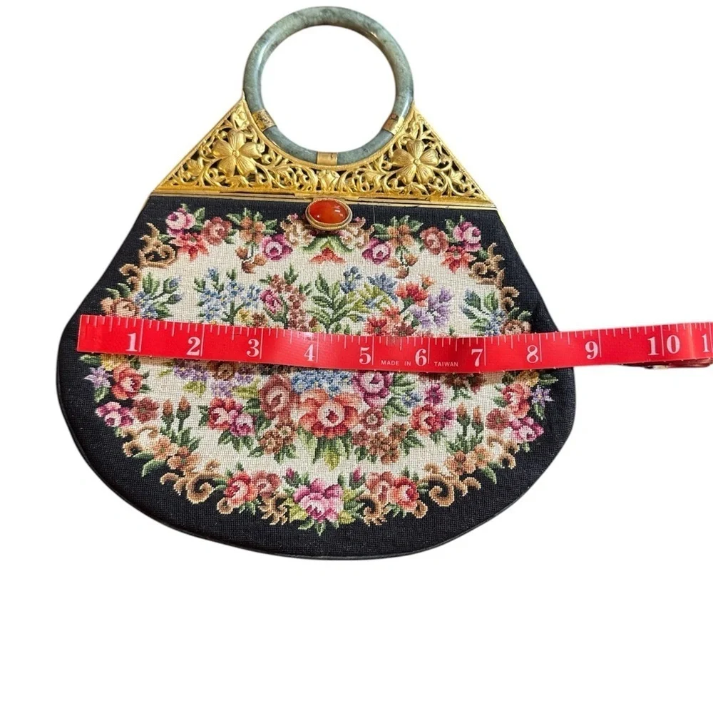 Vintage Asian petit point needlepoint evening bag Jade Wrist Bracelet Handle